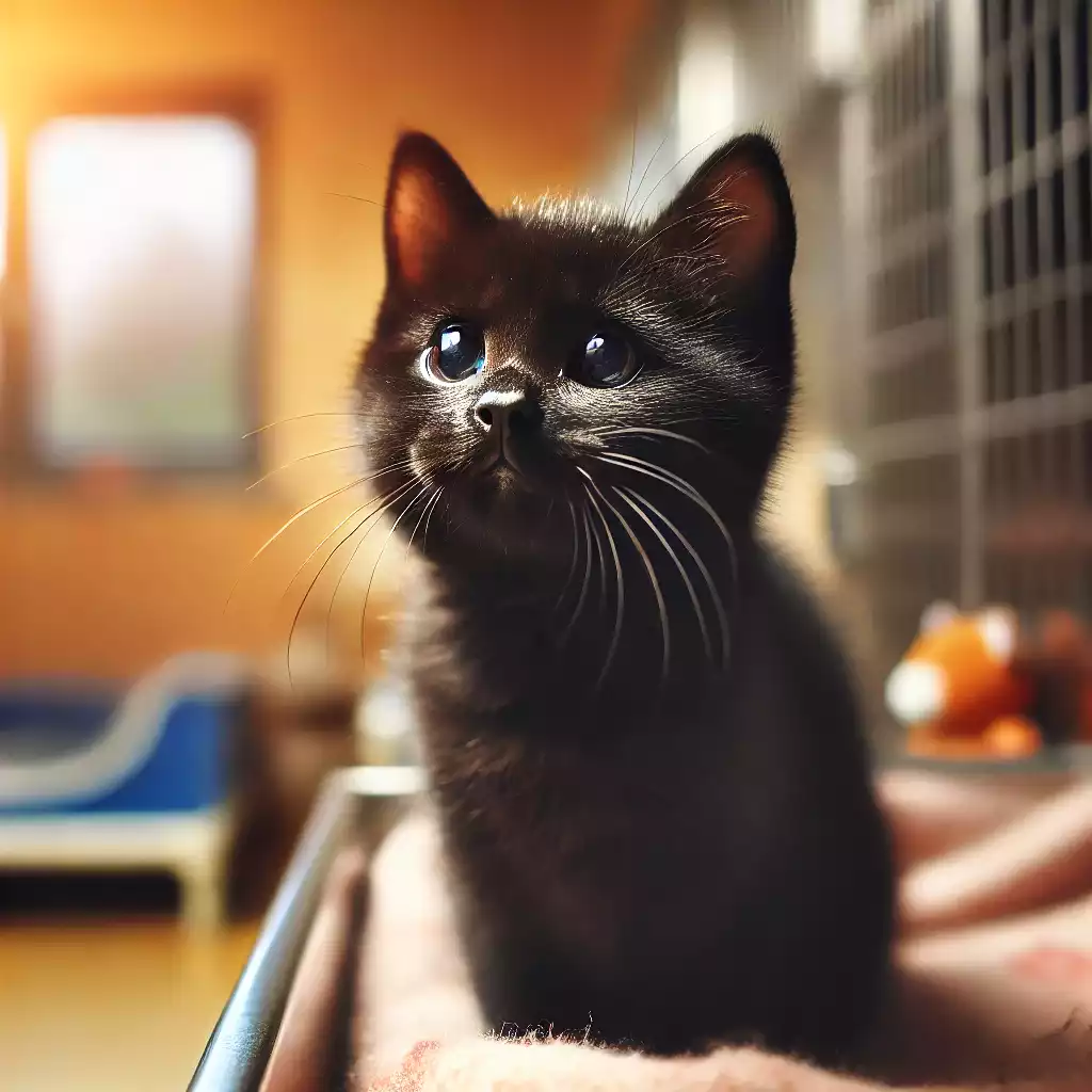Un chaton noir dans un refuse cherchant à être adopté